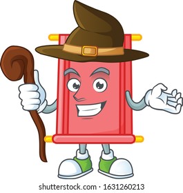cartoon mascot style of chinese red scroll dressed as a witch