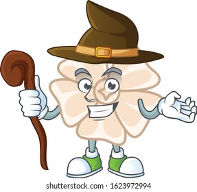 cartoon mascot style of chinese white flower dressed as a witch