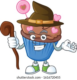 cartoon mascot style of chocolate love cupcake dressed as a witch