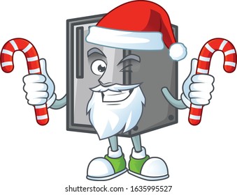 cartoon mascot style of CPU in Santa costume with candy