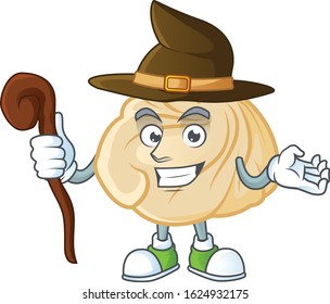 cartoon mascot style of dumpling dressed as a witch