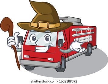 cartoon mascot style of fire truck dressed as a witch