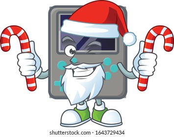 cartoon mascot style of game console in Santa costume with candy