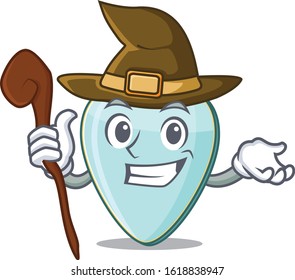 cartoon mascot style of guitar plectrum dressed as a witch