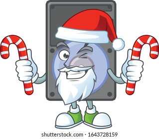 cartoon mascot style of hard disk in Santa costume with candy