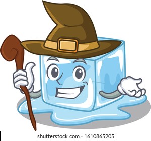 cartoon mascot style of ice cube dressed as a witch