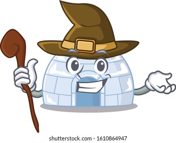 cartoon mascot style of igloo dressed as a witch