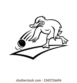 Cartoon mascot style illustration of an angry bowler duck or mallard rolling a bowling ball down a wood or synthetic lane viewed from side on isolated background done in black and white.