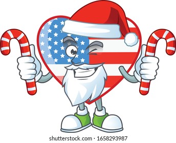 cartoon mascot style of independence day love in Santa costume with candy