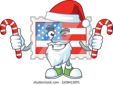 cartoon mascot style of independence day stamp in Santa costume with candy