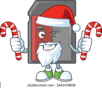 cartoon mascot style of memory card in Santa costume with candy