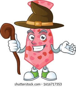 cartoon mascot style of pink love tie dressed as a witch