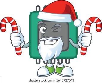 cartoon mascot style of RAM in Santa costume with candy