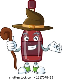 cartoon mascot style of red bottle wine dressed as a witch