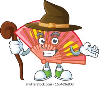 cartoon mascot style of red chinese folding fan dressed as a witch