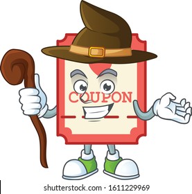 cartoon mascot style of red love coupon dressed as a witch