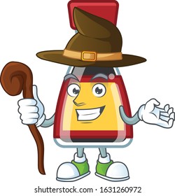 cartoon mascot style of say asian sauce dressed as a witch