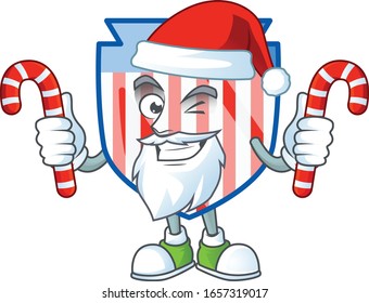 cartoon mascot style of USA stripes shield in Santa costume with candy