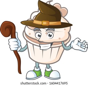cartoon mascot style of white cream love cupcake dressed as a witch