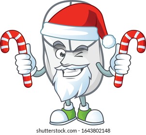 cartoon mascot style of white mouse in Santa costume with candy