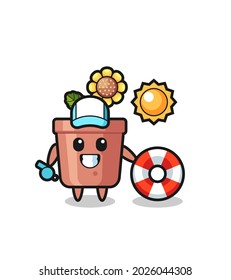 Cartoon mascot of sunflower pot as a beach guard , cute style design for t shirt, sticker, logo element
