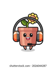 Cartoon mascot of sunflower pot as a customer service , cute style design for t shirt, sticker, logo element