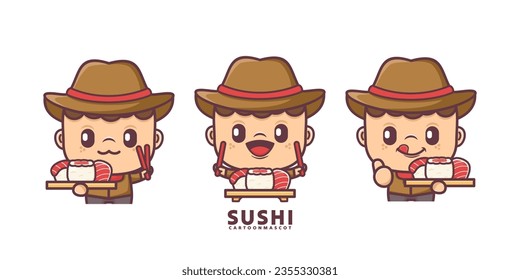 cartoon mascot with sushi. set cartoon vector with different expressions, suitable for, logo brand, stickers, icons, etc.