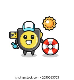 Cartoon mascot of tape measure as a beach guard , cute design