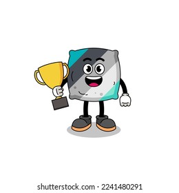 Cartoon mascot of throw pillow holding a trophy , character design