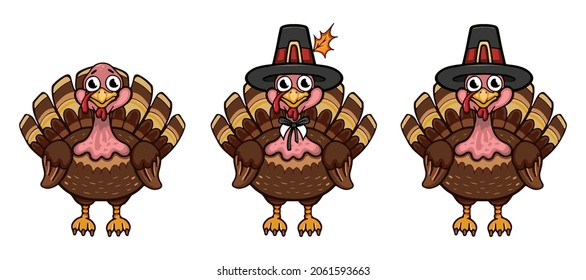 Cartoon mascot turkey bird with pilgrim hat set vector illustration character
