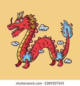 Cartoon mascot vector illustration of Red Dragon with blue flame. Dragon zodiac vector cartoon illustration