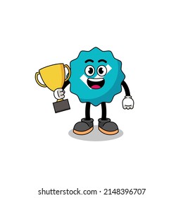 Cartoon mascot of verified sign holding a trophy , character design