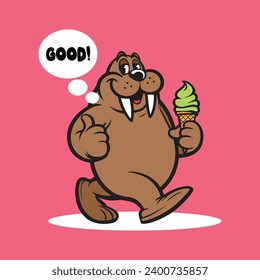 mascota de dibujos animados de una morsa sosteniendo un helado, gesto de aumento del pulgar, anuncios retro diseño de personajes, vector