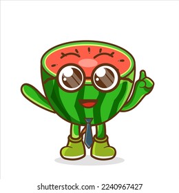 Cartoon mascot of watermelon as a businessman, Melon Fruit cartoon businessman mascot character wearing tie and glasses
