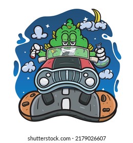 Cartoon Mascot Of Weed Bud In The American Car On Night. Vector And Illustration