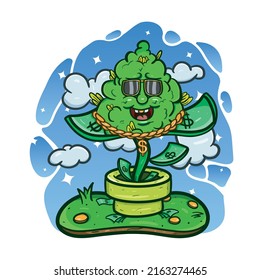 Cartoon Mascot Of  Weed Bud Plant with Money. Vector And Illustration