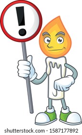 Cartoon mascot of white candle bring sign in his hand