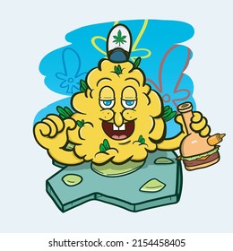 Cartoon Mascot Of Yellow Weed Bud With Glass Bong. Suitable for Brand, Label, Logo, Sticker, t-shirt Design, Wallpaper, and other Product. Vector And Illustration