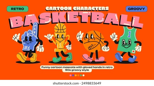 Mascotas de dibujos animados de baloncesto. Elementos deportivos de baloncesto: guante, jersey, pelota, trofeo, copa con emociones y manos enguantadas. Personajes cómicos, póster retro de moda de los años 90.