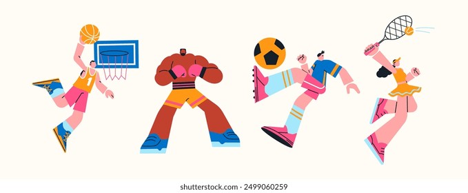 Cartoon Maskottchen Charaktere Athleten. Basketball, Fußball, Tennis, Boxen. Menschen Sportler in Uniform trainieren in der Turnhalle