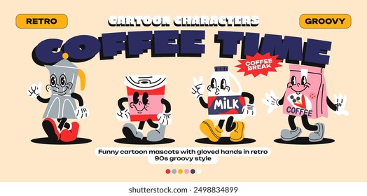 Cartoon mascots coffee. Coffee set: turk, coffee maker, milk, different types of water, latte, cappuccino, americano with emotions and gloved hands. Comic characters, trendy doodle retro 90s poster.
