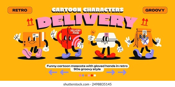 Cartoon mascots delivery. Fast food delivery service, parcels, couriers, box, courier backpack, package with emotions and gloved hands. Comic characters, trendy doodle retro 90s poster.