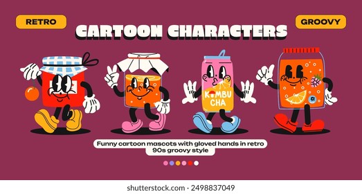Cartoon mascots drinks. Beverages: kombucha, jam, lemonade, compote, fruit juice in cans with emotions and gloved hands. Comic characters, trendy doodle retro 90s poster.
