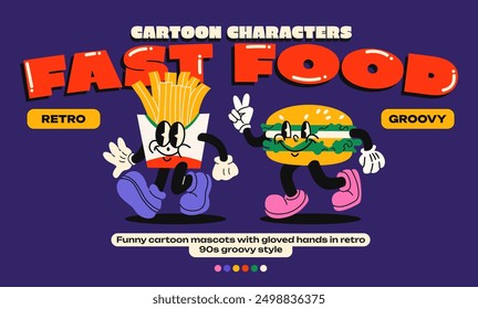 Cartoon mascots fast food. French fries and  burger with emotions and gloved hands. Comic characters, trendy doodle retro 90s poster.