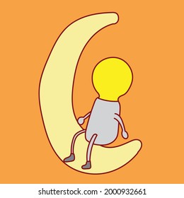 mascotas de dibujos animados de personajes brillantes de bombillas sentados contemplando la luna creciente
