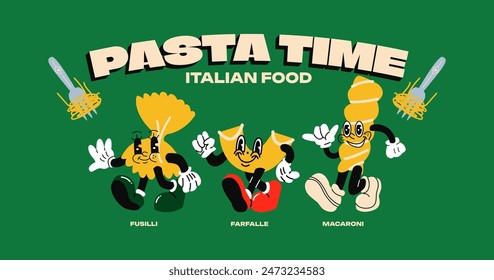 Cartoon mascots Italian pasta. Pasta of various forms: fusilli, farfalle, spaghetti with emotions and gloved hands. Comic characters, trendy doodle retro 90s  poster.