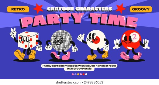 Cartoon mascots party time. Fun disco: disco ball, vinyl, music record. Holiday and night club with emotions and gloved hands. Comic characters, trendy doodle retro 90s poster.