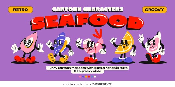 Cartoon mascots seafoods. Products of marine origin: shrimp, mussels, clams, oysters, lemon with emotions and gloved hands. Comic characters, trendy doodle retro 90s poster.