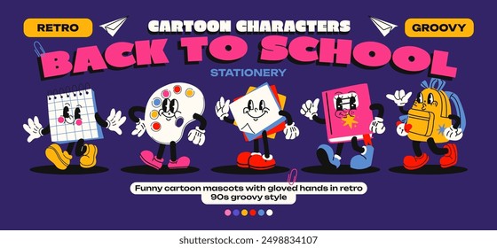 Cartoon mascots stationery. Back to school, school elements backpack, notebook, notes, palette with emotions and gloved hands. Comic characters, trendy doodle retro 90s poster.