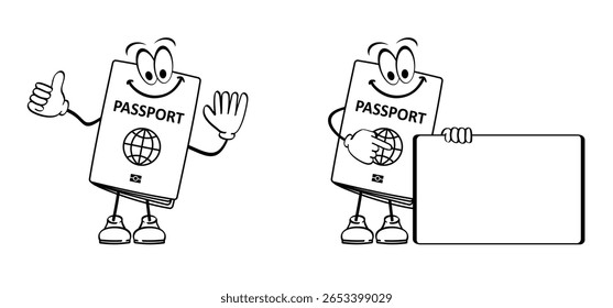 Cartoon mascotte passport and boarding pass icon. Airline tickets to fly. Airplane ticket. Boarding pass ticket. Fly tickets. Passport with boarding passes. flight ticket. Passenger to departure.